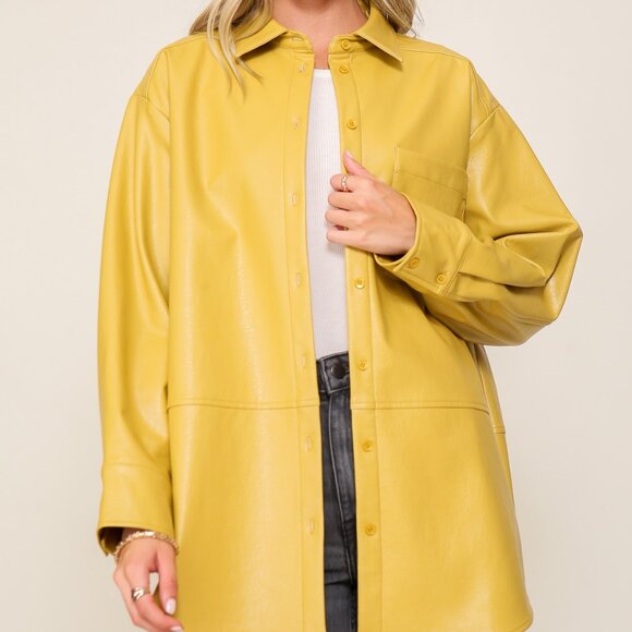 LUMIERE FAUX LEATHER BUTTON DOWN SHIRT SIZE - Picture 1 of 6